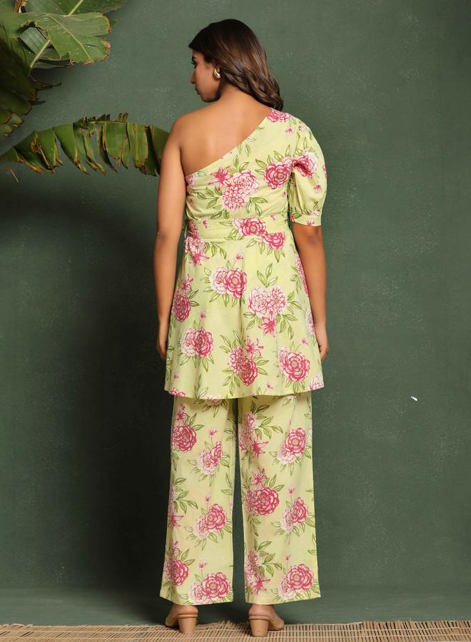 KASYA Green Printed Pure Cotton One-Shoulder Co-Ord Set - Image 5